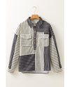 Black Stripe 2-tone Patchwork Half Buttons Chest Pockets Casual Blouse - L