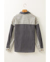 Black Stripe 2-tone Patchwork Half Buttons Chest Pockets Casual Blouse - L