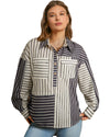 Black Stripe 2-tone Patchwork Half Buttons Chest Pockets Casual Blouse - L