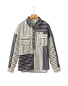 Black Stripe 2-tone Patchwork Half Buttons Chest Pockets Casual Blouse - L