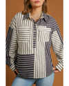 Black Stripe 2-tone Patchwork Half Buttons Chest Pockets Casual Blouse - L