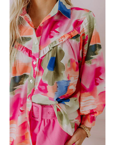 Rose Abstract Print Ruffled Puff Sleeve Shirt - XL