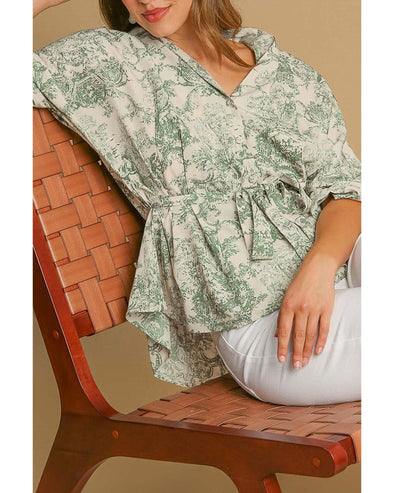 Green Landscape Print Tied 3/4 Sleeve Shirt with Sash - L