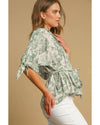 Green Landscape Print Tied 3/4 Sleeve Shirt with Sash - L