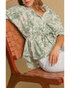 Green Landscape Print Tied 3/4 Sleeve Shirt with Sash - M
