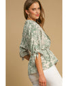 Green Landscape Print Tied 3/4 Sleeve Shirt with Sash - M