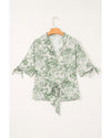 Green Landscape Print Tied 3/4 Sleeve Shirt with Sash - M