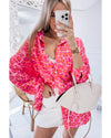 Rose Leopard Printed Button Up Loose Shirt - L