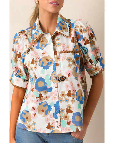 Multicolour Floral Print Ricrac Trim Collared Puff Short Sleeve Shirt - XL