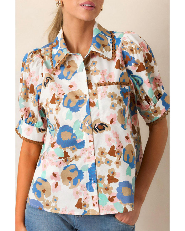Multicolour Floral Print Ricrac Trim Collared Puff Short Sleeve Shirt - XL