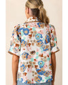 Multicolour Floral Print Ricrac Trim Collared Puff Short Sleeve Shirt - XL