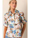 Multicolour Floral Print Ricrac Trim Collared Puff Short Sleeve Shirt - XL