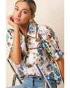 Multicolour Floral Print Ricrac Trim Collared Puff Short Sleeve Shirt - XL