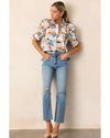 Multicolour Floral Print Ricrac Trim Collared Puff Short Sleeve Shirt - XL