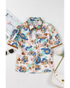 Multicolour Floral Print Ricrac Trim Collared Puff Short Sleeve Shirt - XL