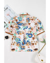 Multicolour Floral Print Ricrac Trim Collared Puff Short Sleeve Shirt - XL