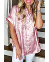 Pink Metallic Sheen Short Sleeve Buttoned Front Casual Shirt - L