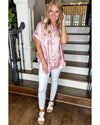 Pink Metallic Sheen Short Sleeve Buttoned Front Casual Shirt - L