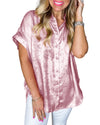 Pink Metallic Sheen Short Sleeve Buttoned Front Casual Shirt - M