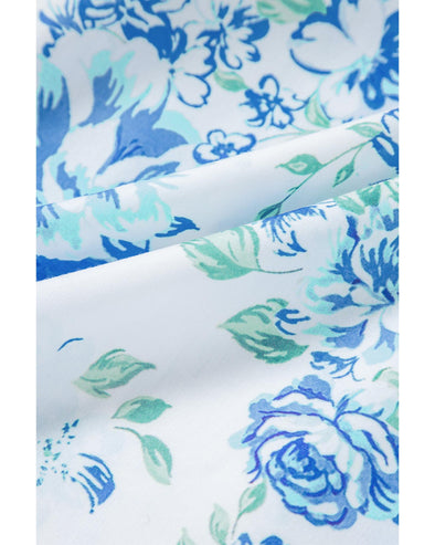 Sky Blue Floral Print Ruffle Sleeve Frilly Button Up Shirt - L
