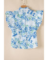 Sky Blue Floral Print Ruffle Sleeve Frilly Button Up Shirt - L