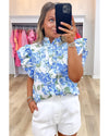Sky Blue Floral Print Ruffle Sleeve Frilly Button Up Shirt - L