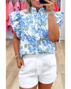 Sky Blue Floral Print Ruffle Sleeve Frilly Button Up Shirt - L