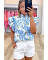 Sky Blue Floral Print Ruffle Sleeve Frilly Button Up Shirt - M