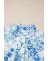Sky Blue Floral Print Ruffle Sleeve Frilly Button Up Shirt - M