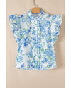 Sky Blue Floral Print Ruffle Sleeve Frilly Button Up Shirt - M