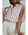 Khaki Stripe Casual Button Down Sleeveless Shirt - M