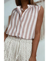 Khaki Stripe Casual Button Down Sleeveless Shirt - M