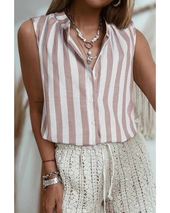 Khaki Stripe Casual Button Down Sleeveless Shirt - S