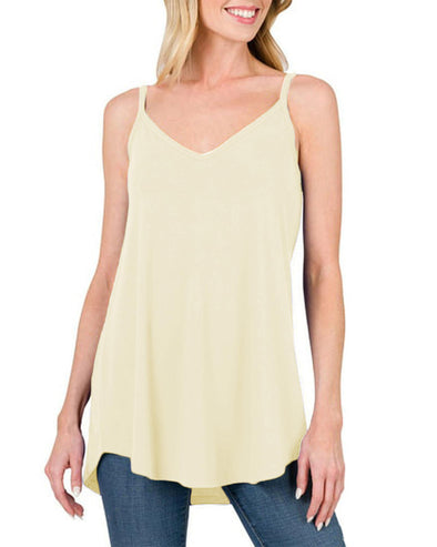 Apricot Spaghetti Strap V-Neck Flowy Tunic Tank Top - M