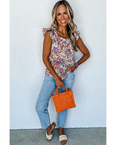 Rose Red Floral Square Neck Flutter Tank Top - M