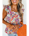 Rose Red Floral Square Neck Flutter Tank Top - M