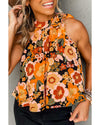 Orange Floral Print Knotted Halter Neck Sleeveless Top - L