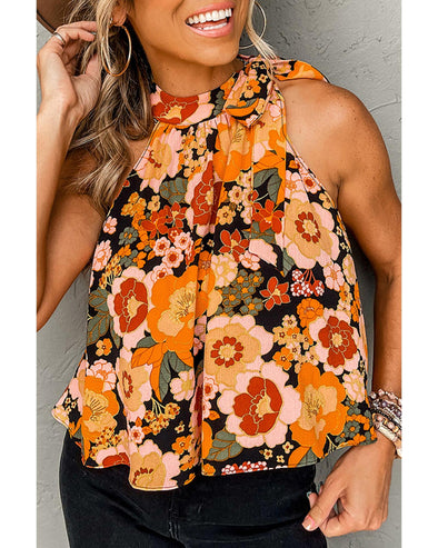 Orange Floral Print Knotted Halter Neck Sleeveless Top - L