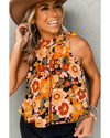 Orange Floral Print Knotted Halter Neck Sleeveless Top - L