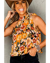 Orange Floral Print Knotted Halter Neck Sleeveless Top - L