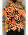 Orange Floral Print Knotted Halter Neck Sleeveless Top - M