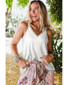 White Delicate Lace Trim Flared Tank Top - M