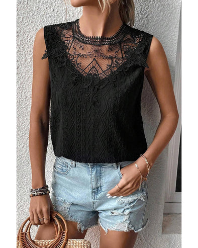 Black Guipure Lace Crochet Keyhole Back Tank Top - L