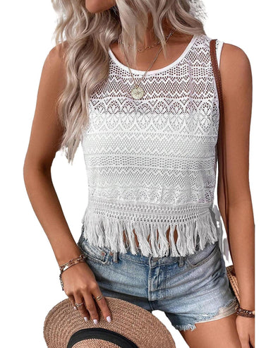 White Lace Crochet Hollow out Fringed Tank Top - L