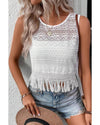 White Lace Crochet Hollow out Fringed Tank Top - XL