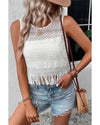White Lace Crochet Hollow out Fringed Tank Top - XL