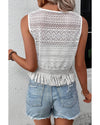 White Lace Crochet Hollow out Fringed Tank Top - XL