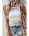White Lace Crochet Hollow out Fringed Tank Top - XL