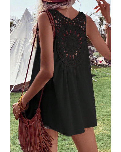 Black Bohemian Crochet Patchwork Sleeveless Tunic - M