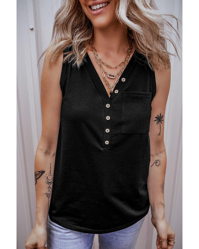 Black Half Button V Neck Patched Pocket Tank Top - S